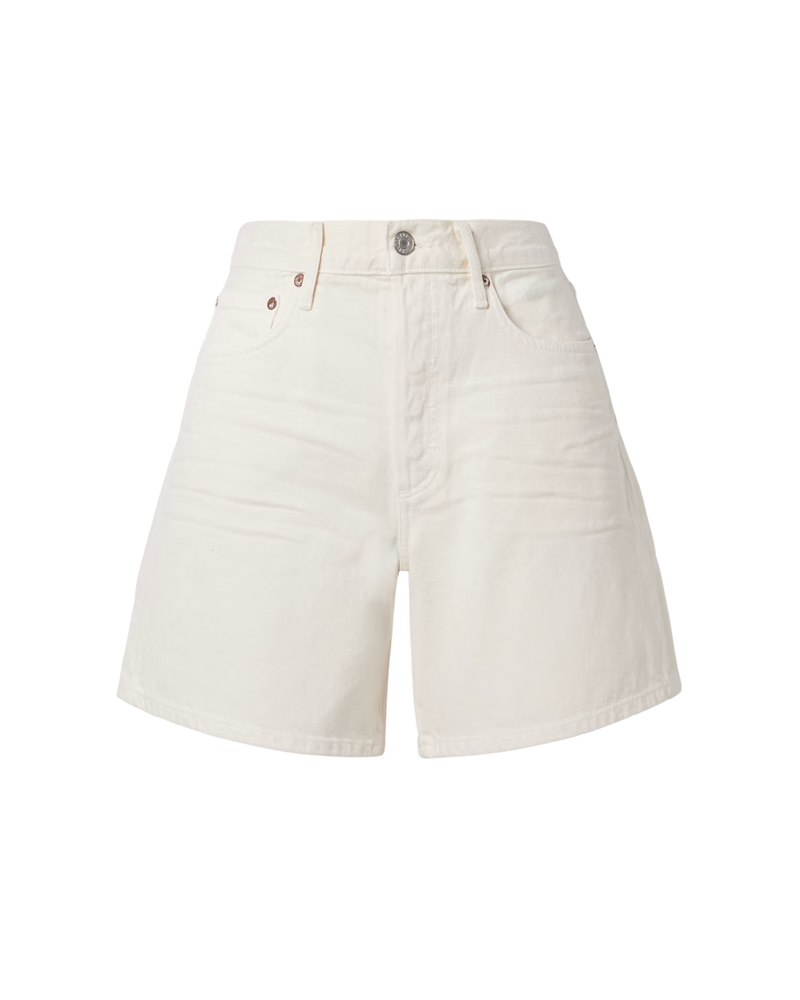 THIS PHOTO FEATURED AN OFF-WHITE 6-INCH JEAN SHORT AS A FLATLAY ON A TRANSPARENT BACKGROUND