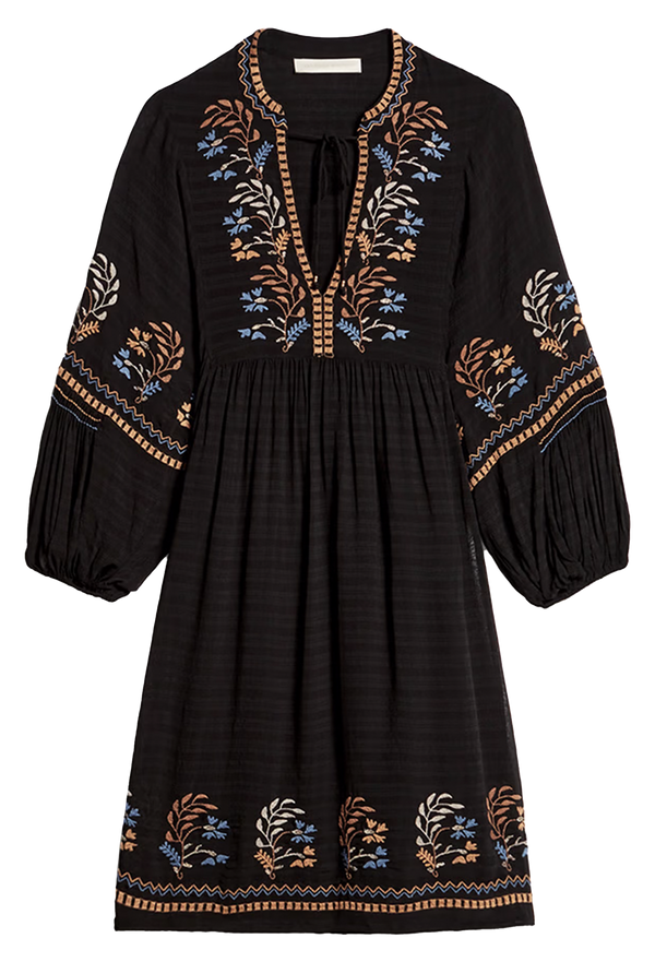a knee length black v-neck dress with orange and blue embroidery. transparent background.