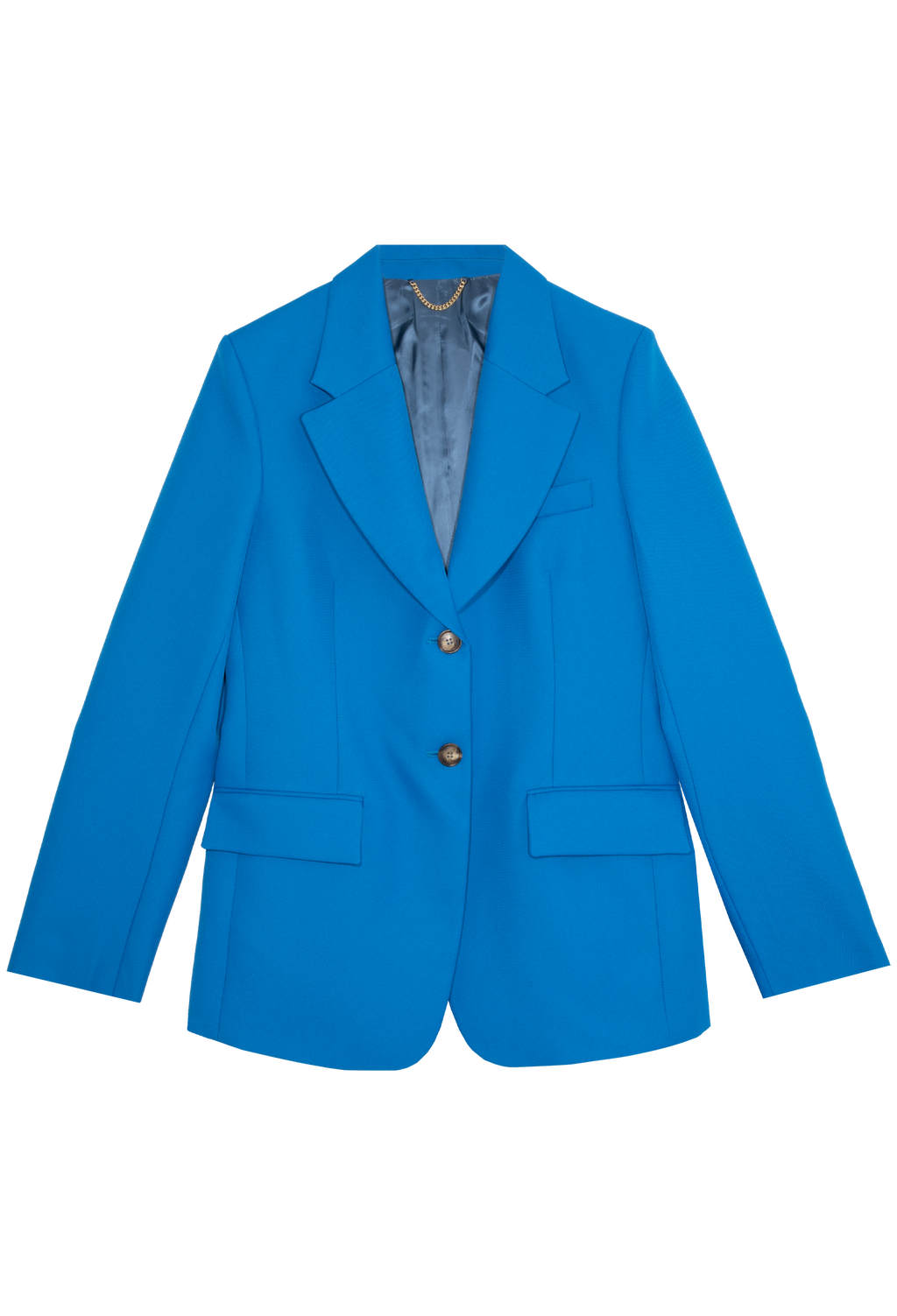 Single breasted blue blazer with notched lapel, flap pockets, buttoned front set against black checkered background. 