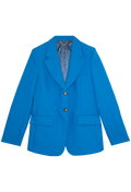 Single breasted blue blazer with notched lapel, flap pockets, buttoned front set against black checkered background. 