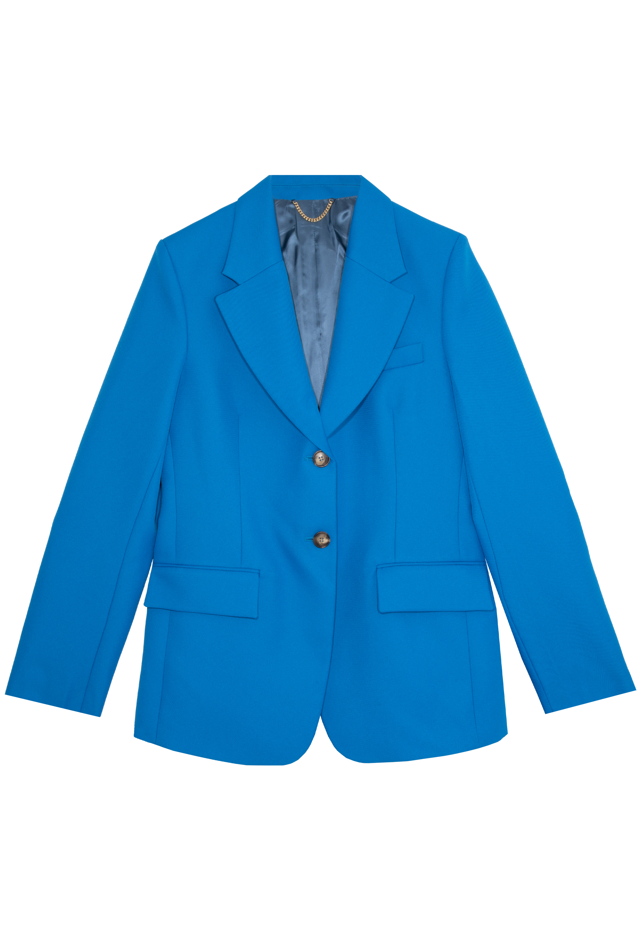Single breasted blue blazer with notched lapel, flap pockets, buttoned front set against black checkered background. 