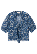 A blue and white floral print cardigan with 3/4 ruffled sleeves and a tie-front detail, laid flat on a white background.