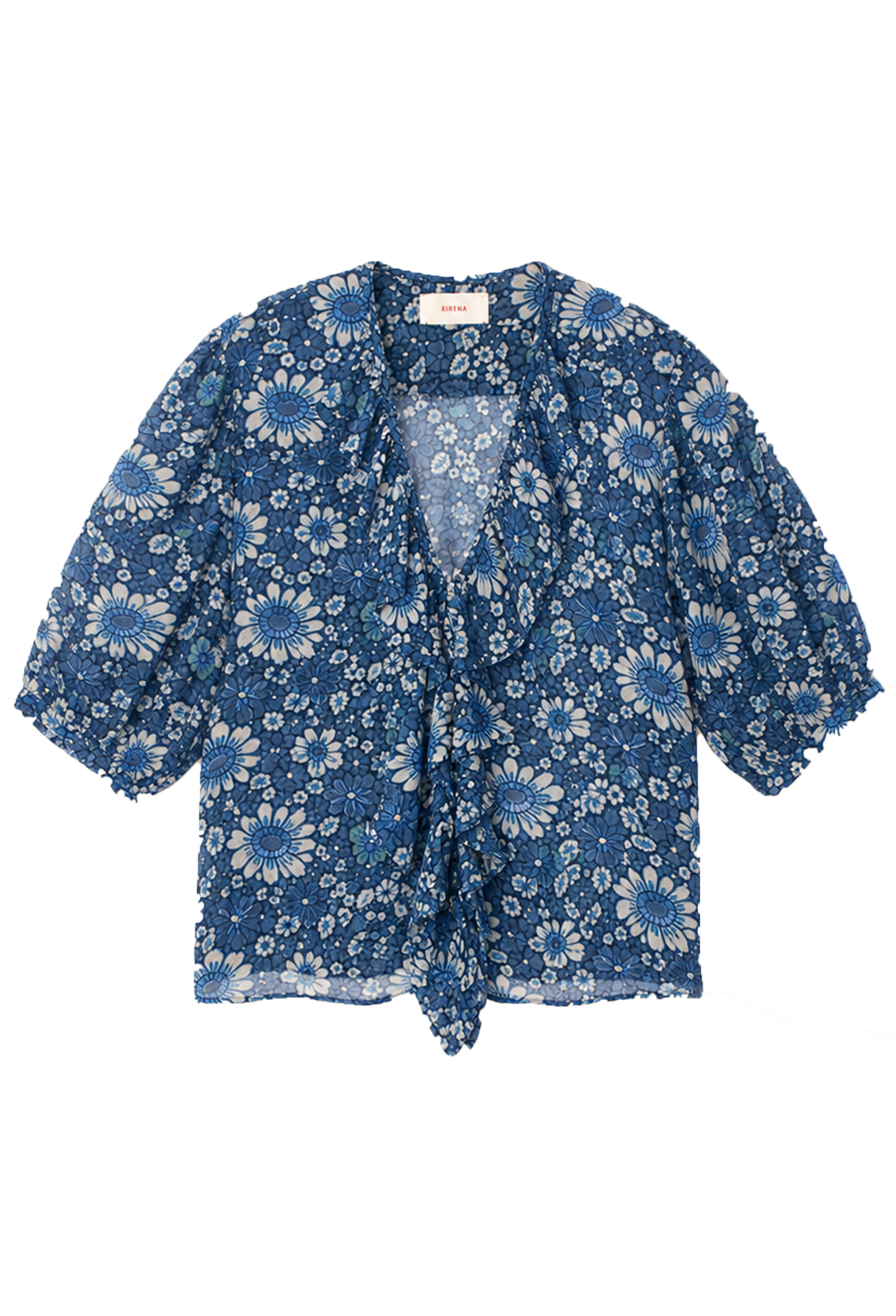 A blue and white floral print cardigan with 3/4 ruffled sleeves and a tie-front detail, laid flat on a white background.