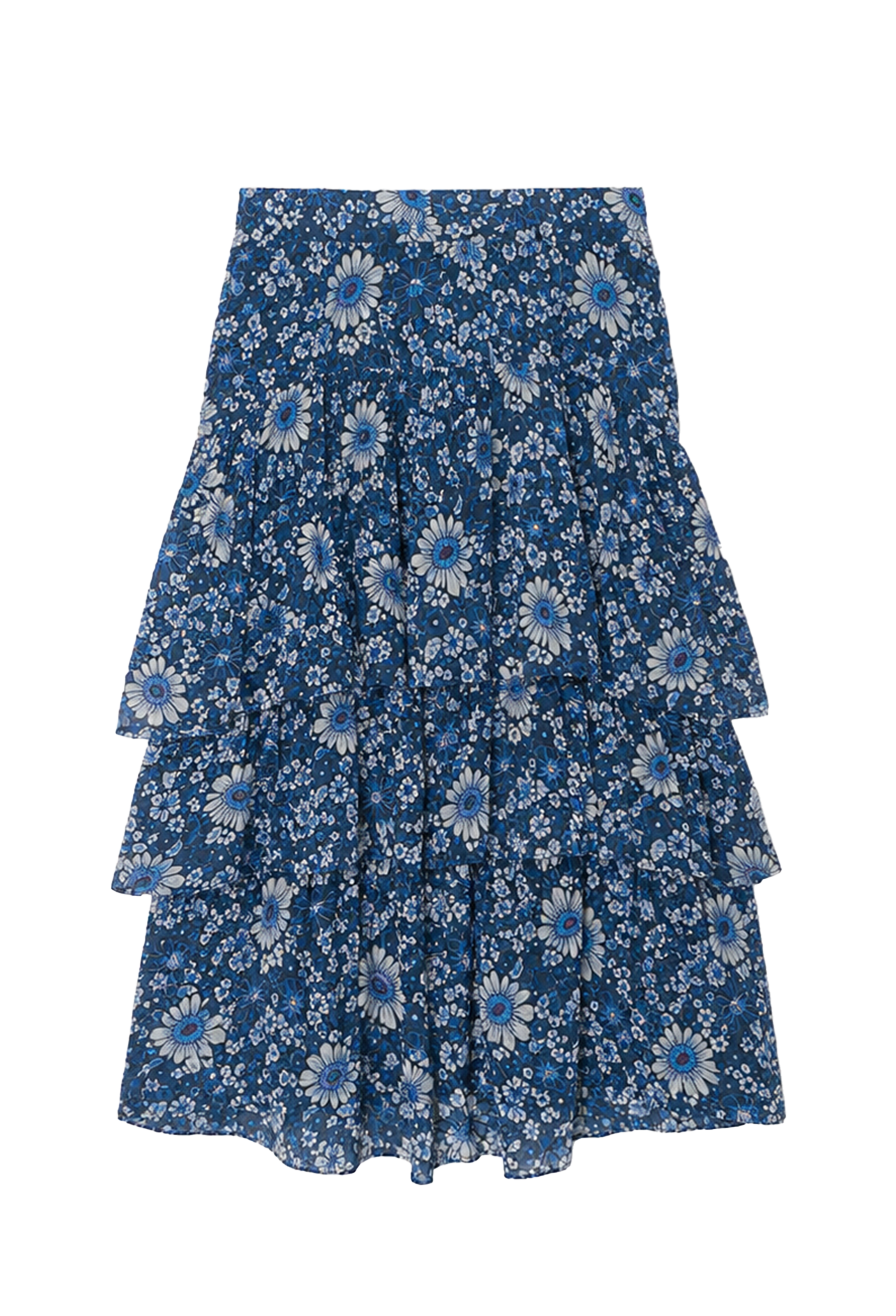 A blue tiered skirt with a white and light blue floral print, shown flat against a solid white background.