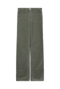 Dark green corduroy straight-leg pants with two front pockets. Set against a checkered background. 