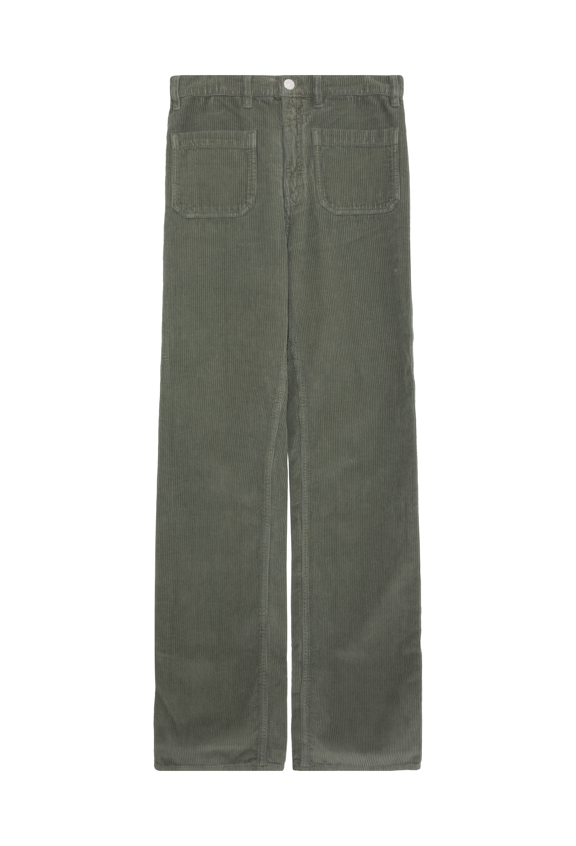 Dark green corduroy straight-leg pants with two front pockets. Set against a checkered background. 