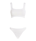 White two-piece bikini, square-neck top. Set against a white background.