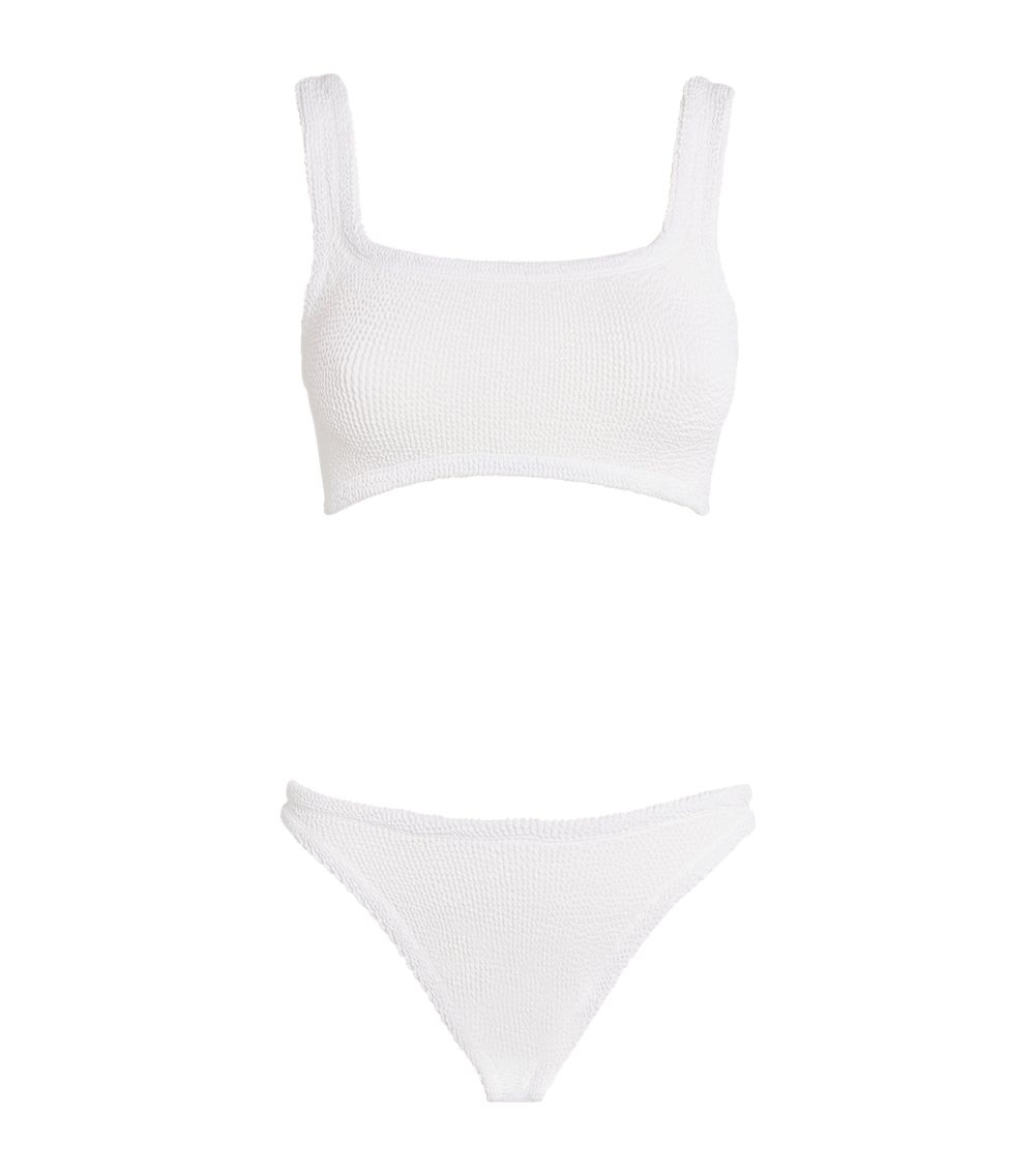 White two-piece bikini, square-neck top. Set against a white background.