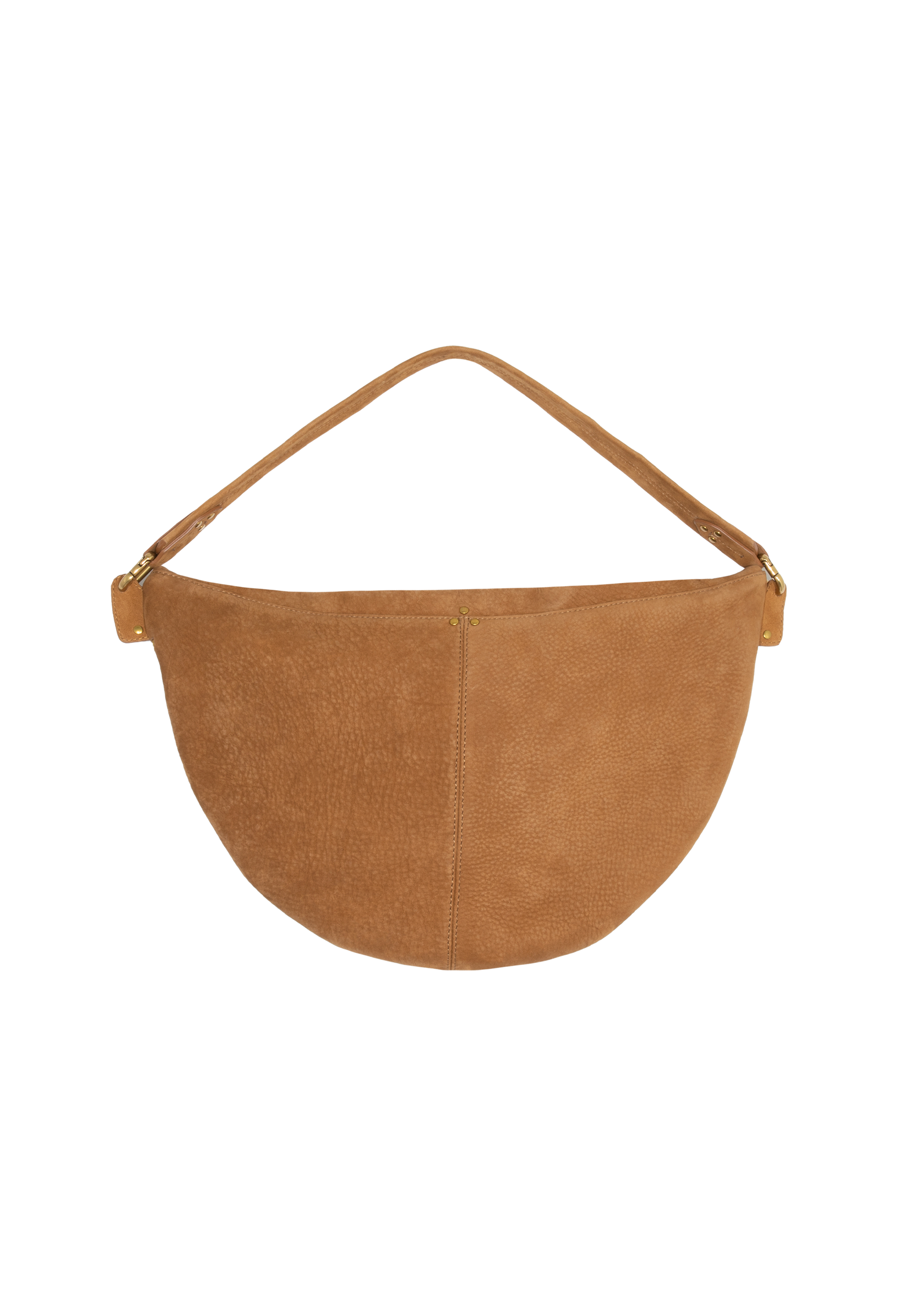 Tan leather purse set against a checkered background.