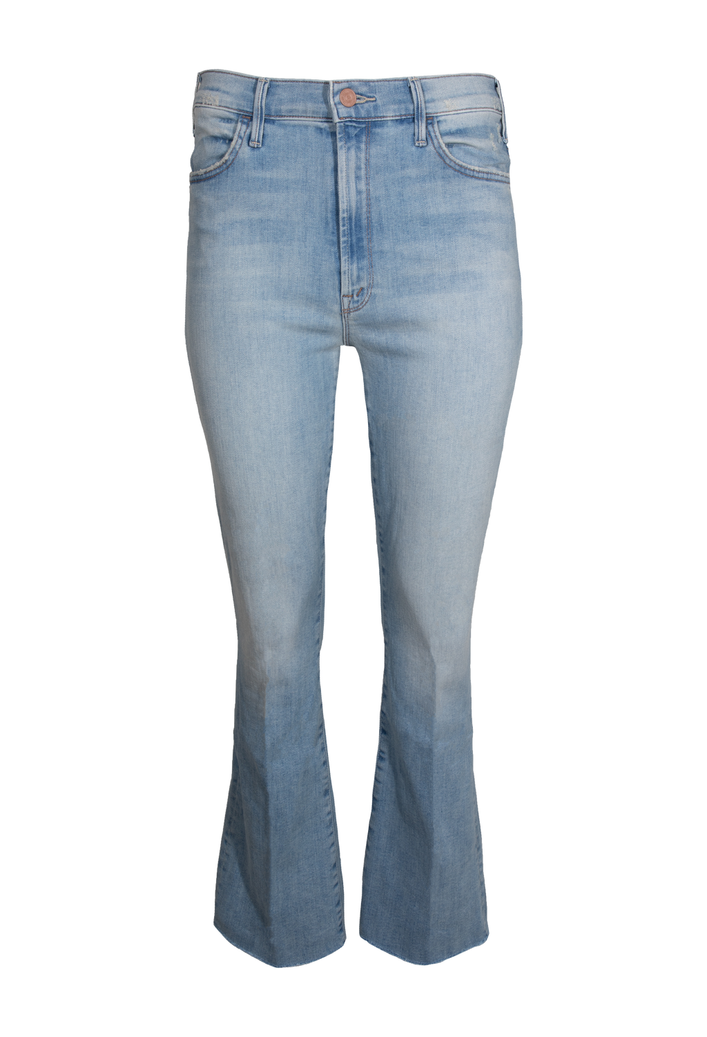 Cropped light wash jeans set against a checkered background. 