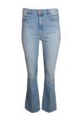 Cropped light wash jeans set against a checkered background. 
