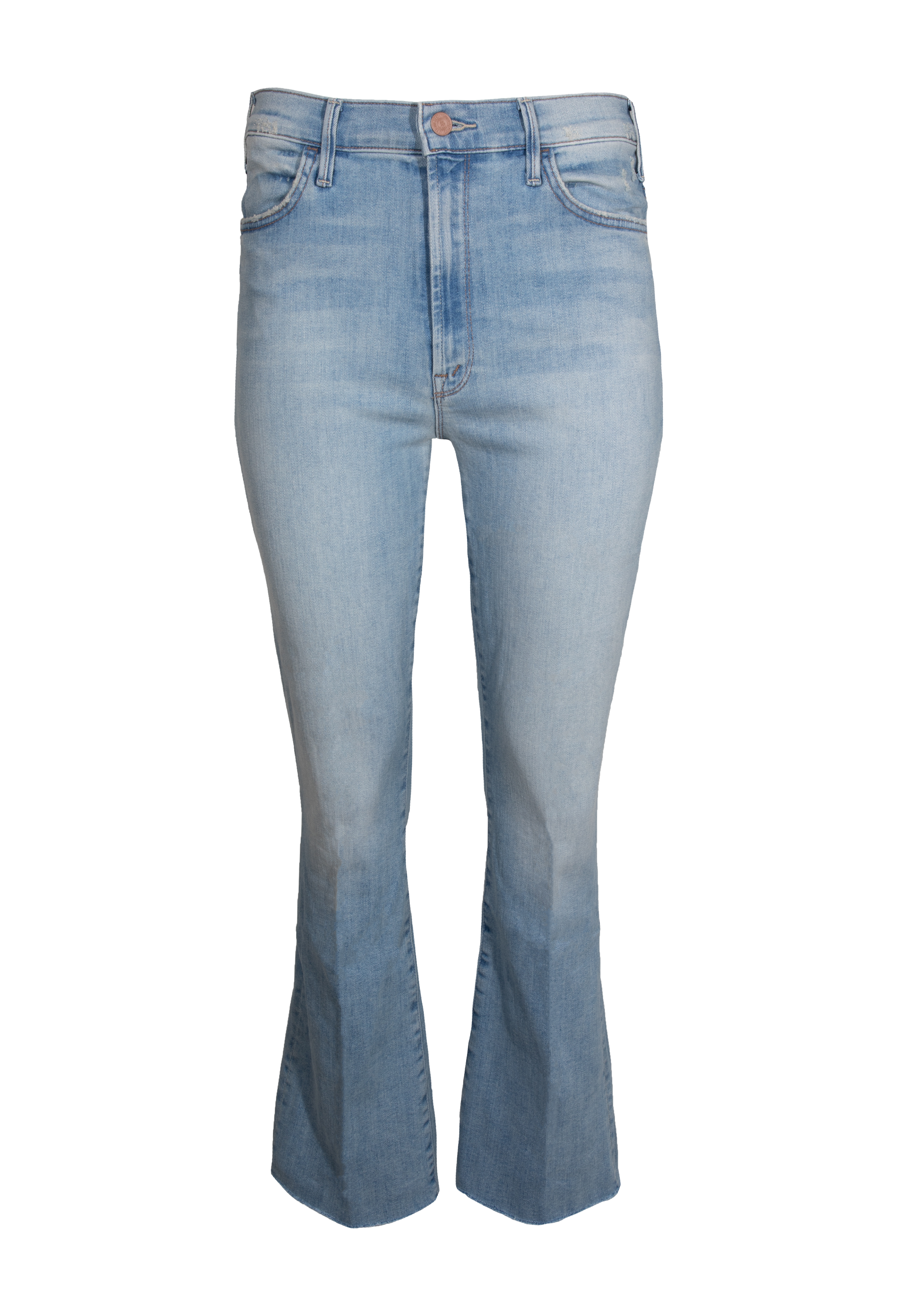 Cropped light wash jeans set against a checkered background. 