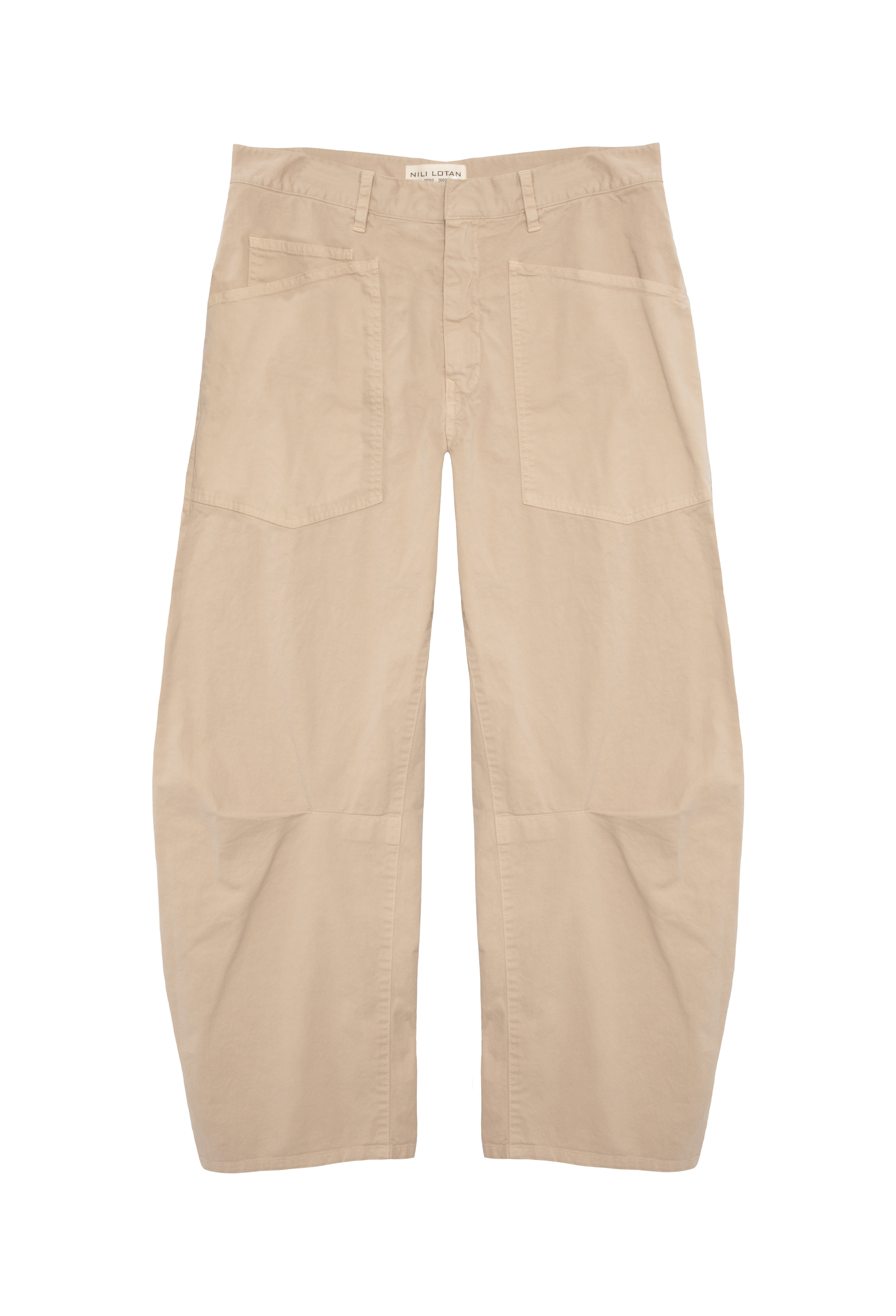 Wide leg khaki cargo pant with large pockets set against a checkered background.