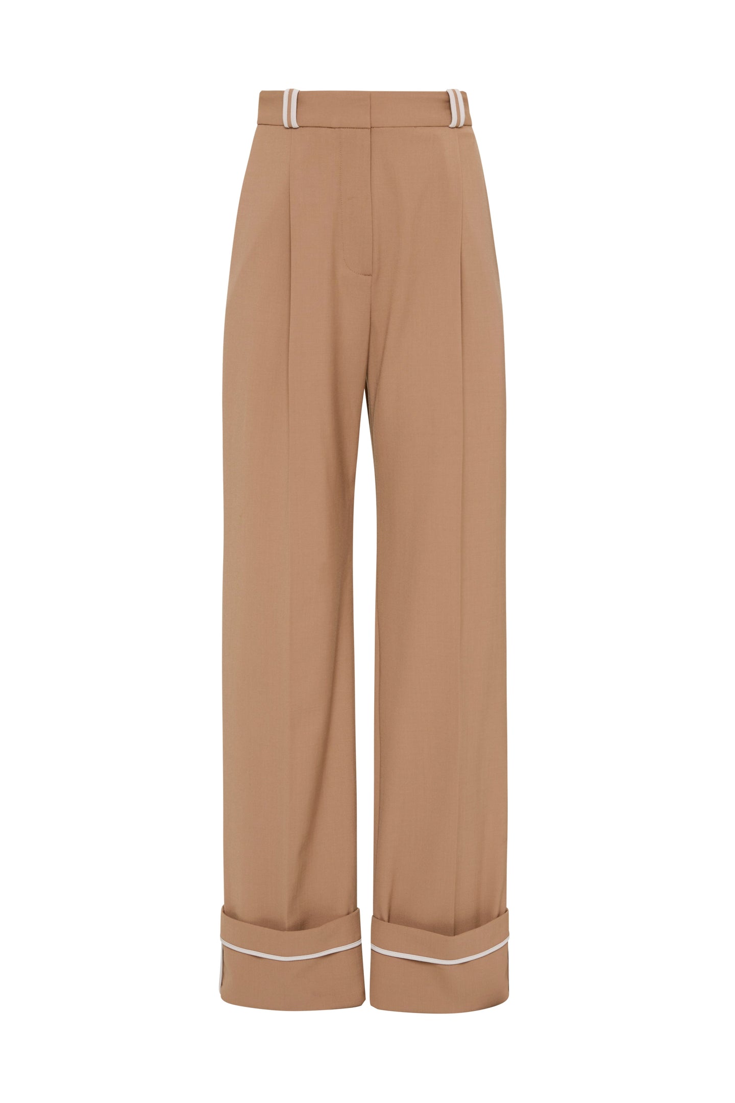 Long tan pant, cuffed at the bottom with white belt loops. Set against a white background.
